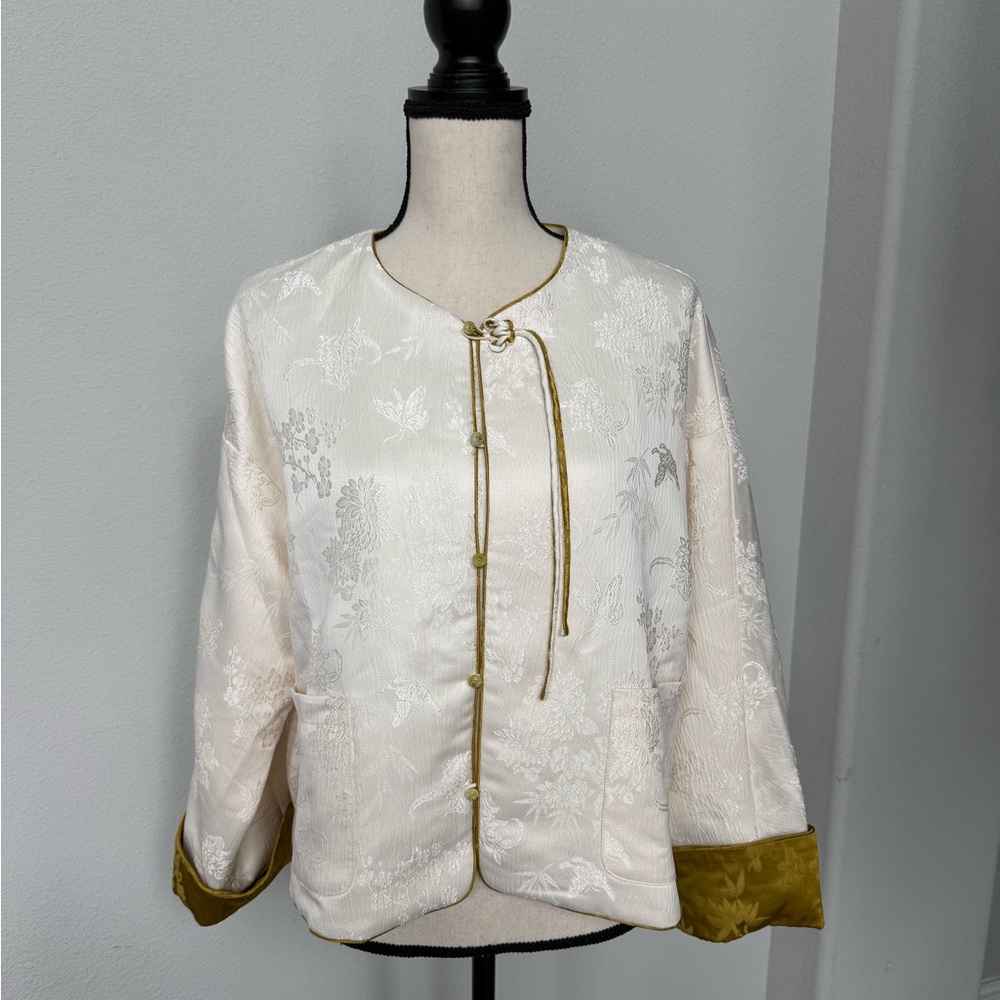 Lihua Zhuang Cream and Green Brocade Women's Jacket